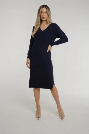 Ally V-Neck Knit Midi Dress In Navy