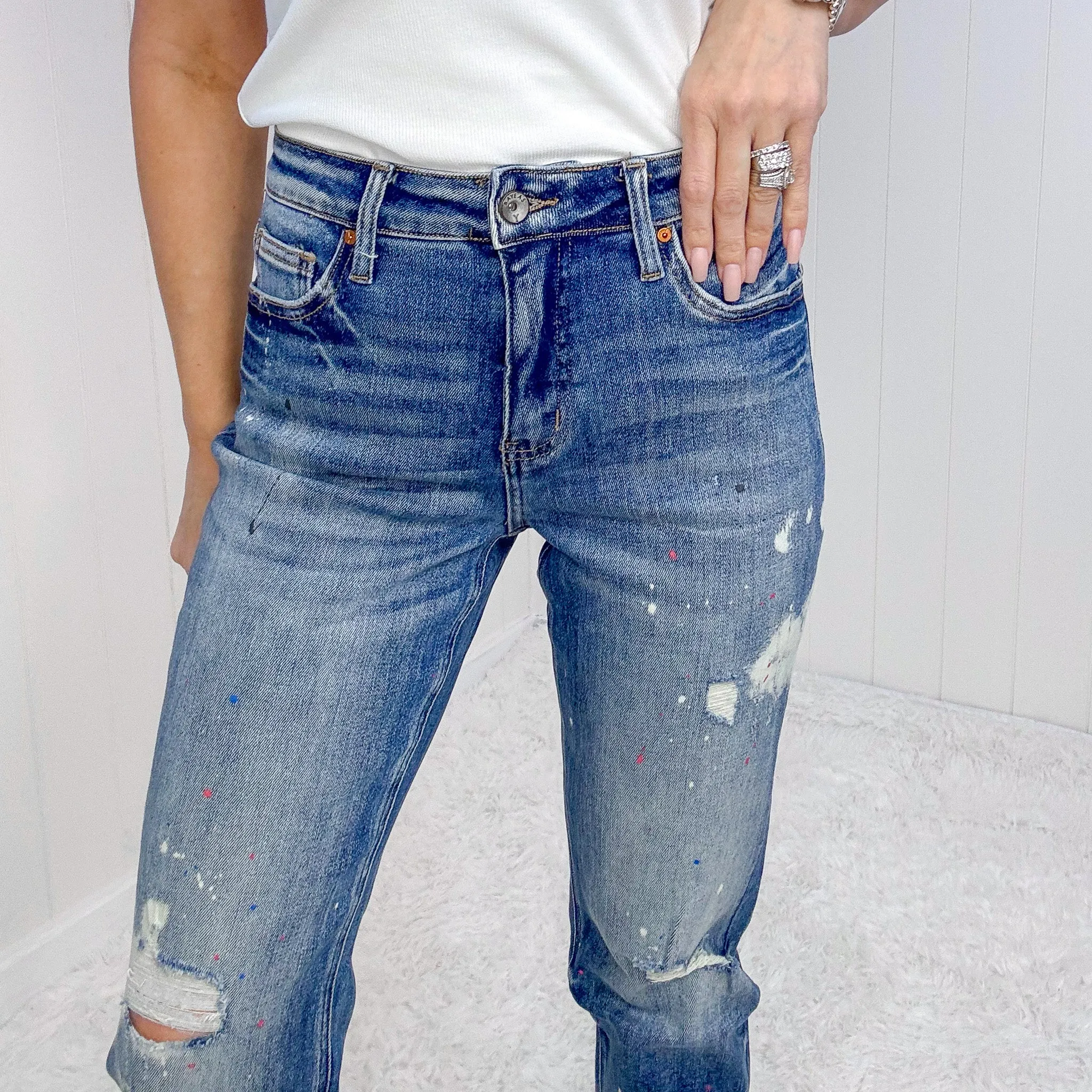 Bayeas High Waisted Painted and Bleach Splattered MOM Jeans