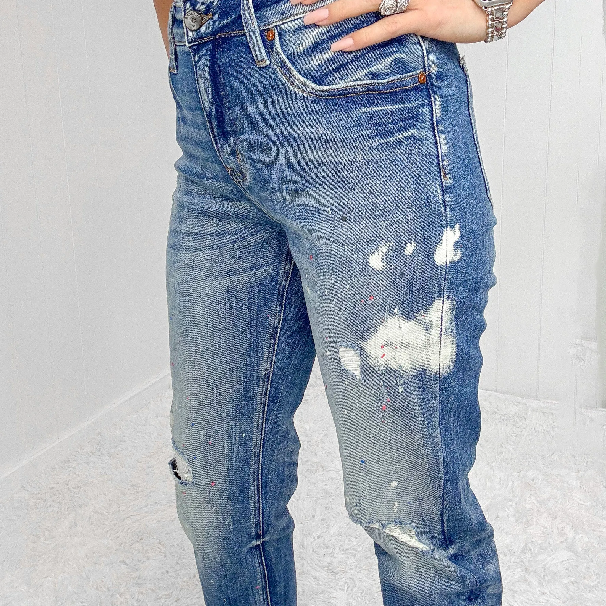 Bayeas High Waisted Painted and Bleach Splattered MOM Jeans