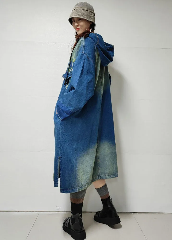 Blue Button Pockets Denim Trench Coat Embroidered Long Sleeve MN060