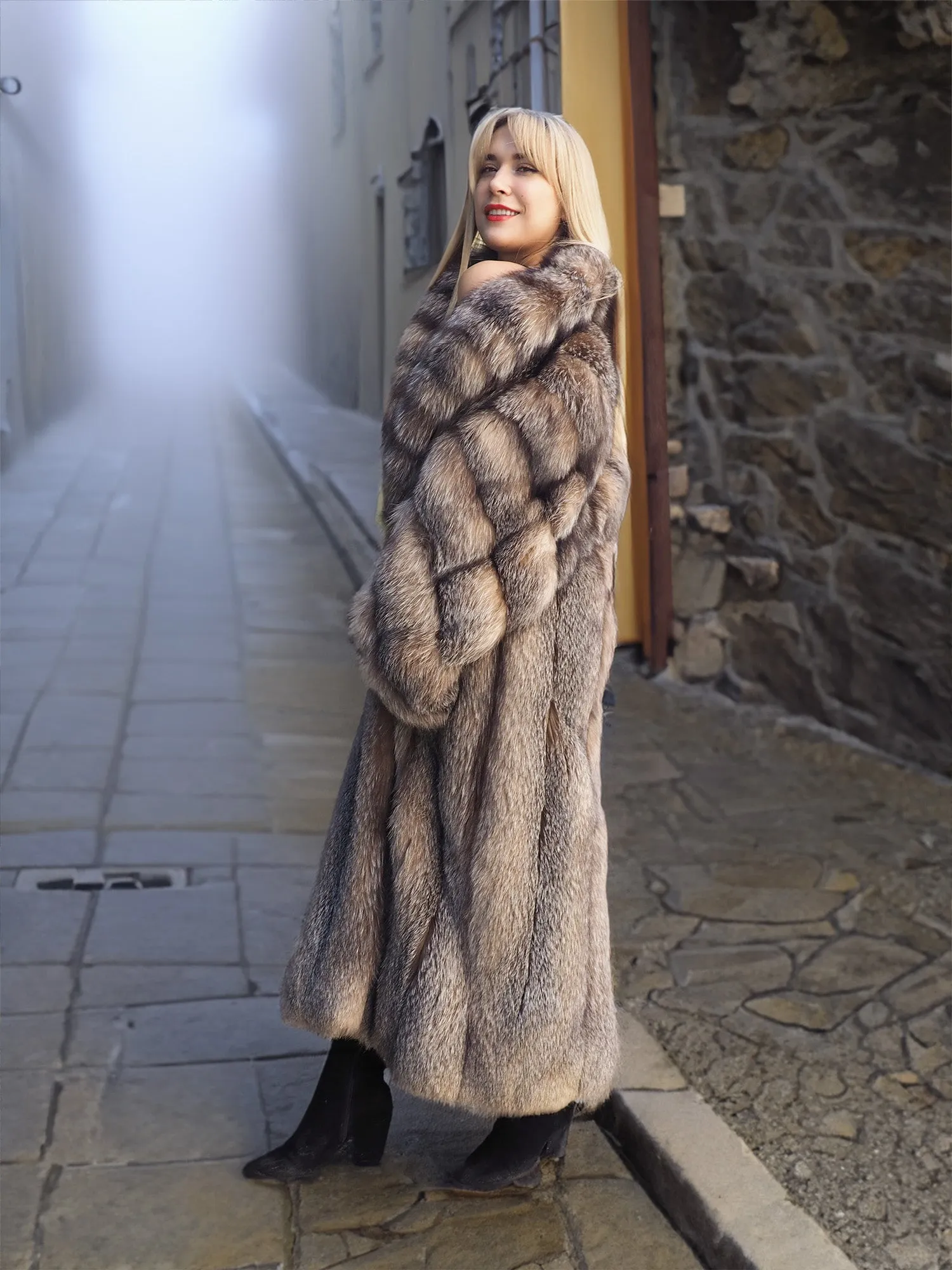 Crystal Fox Fur Coat Shawl collar 50 Long M