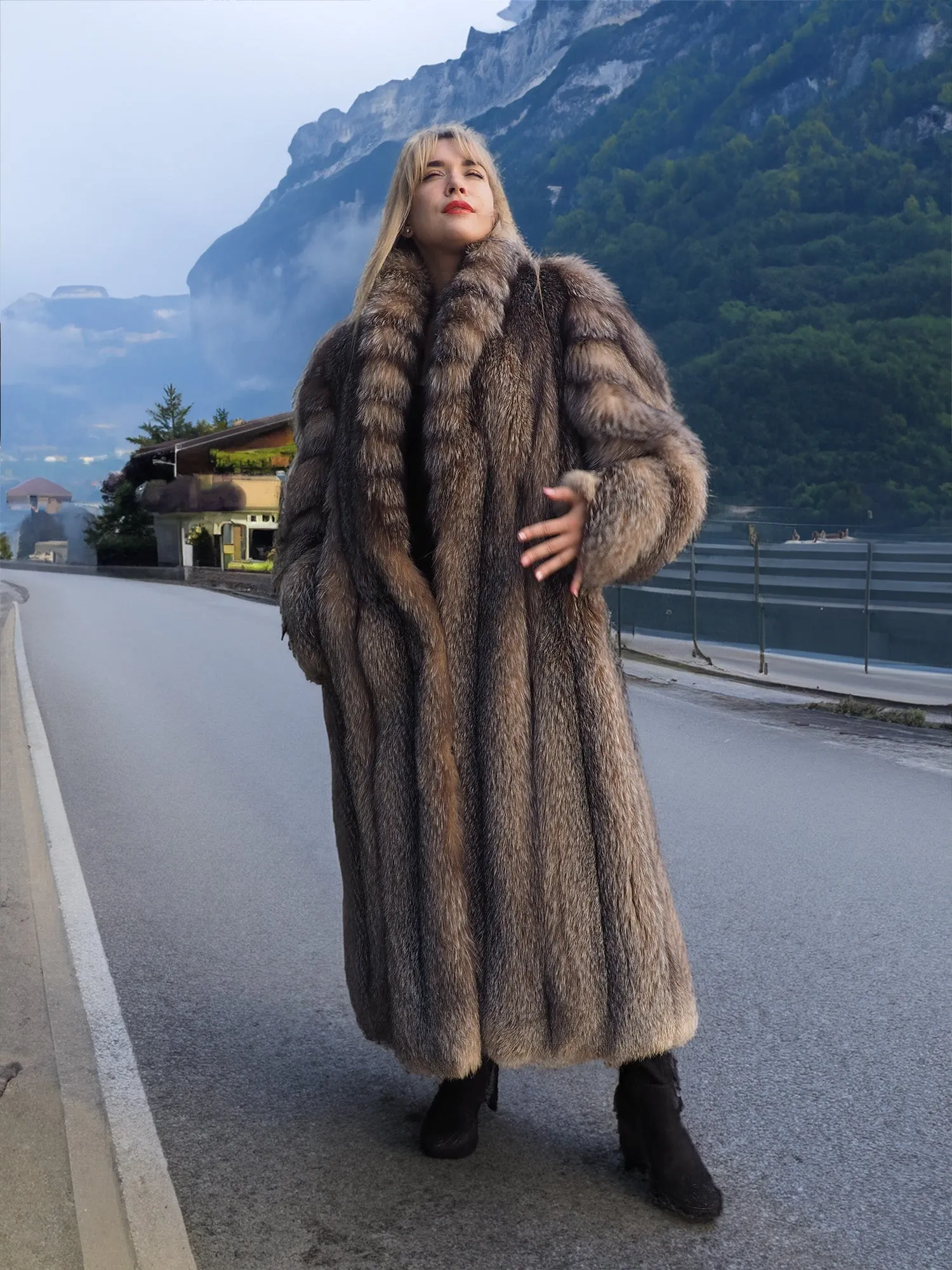 Crystal Fox Fur Coat Shawl collar 50 Long M