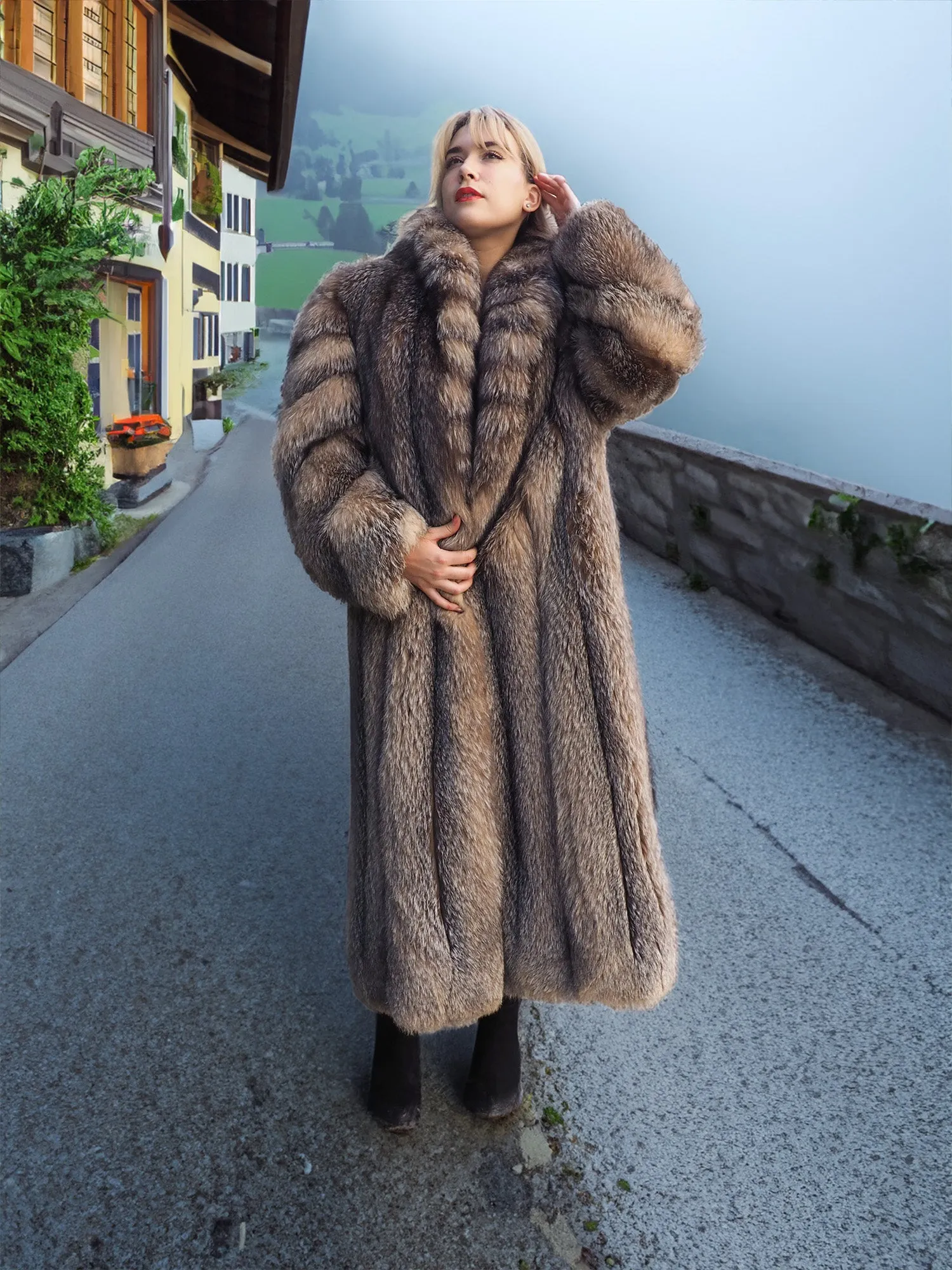 Crystal Fox Fur Coat Shawl collar 50 Long M