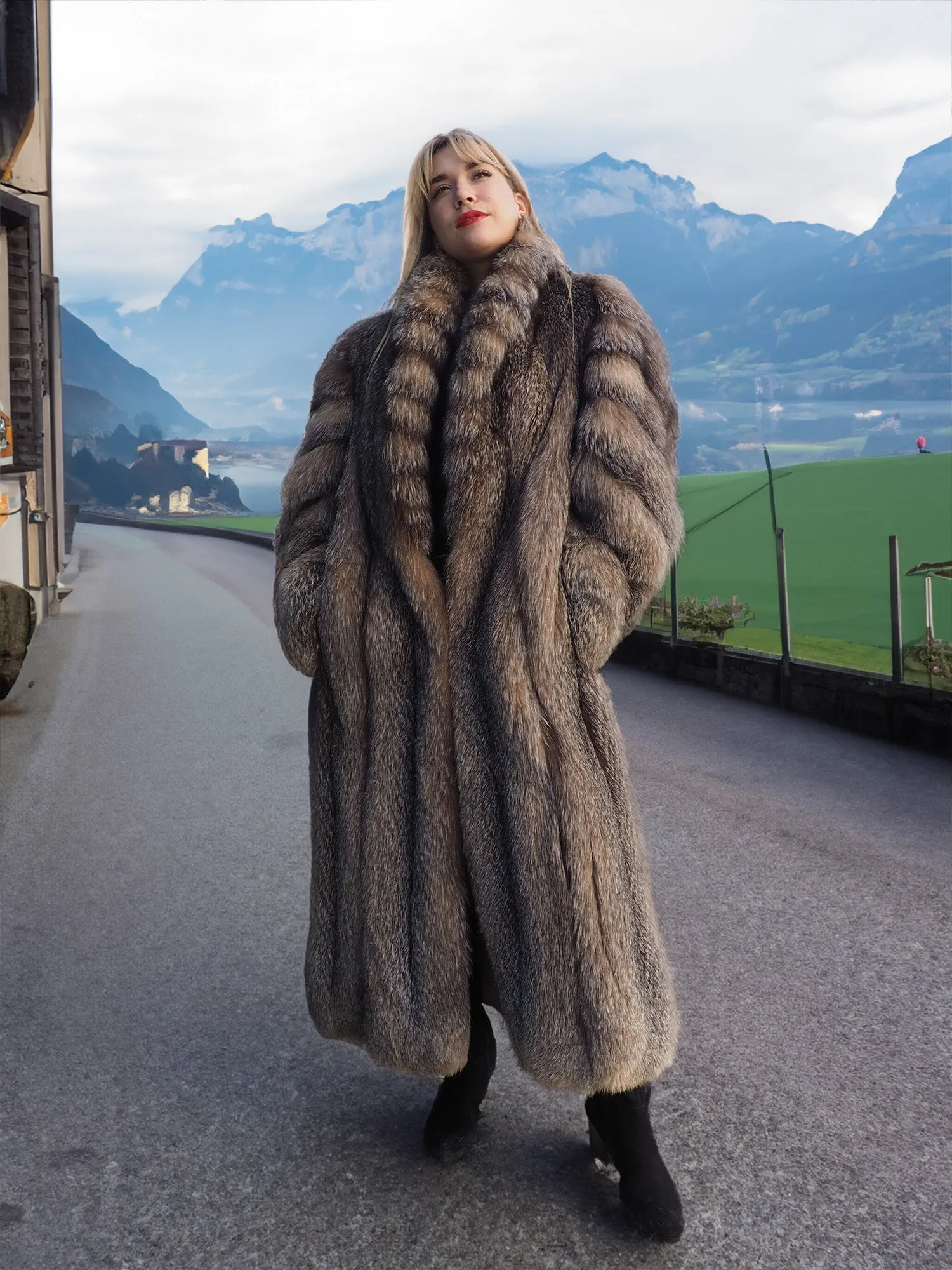 Crystal Fox Fur Coat Shawl collar 50 Long M