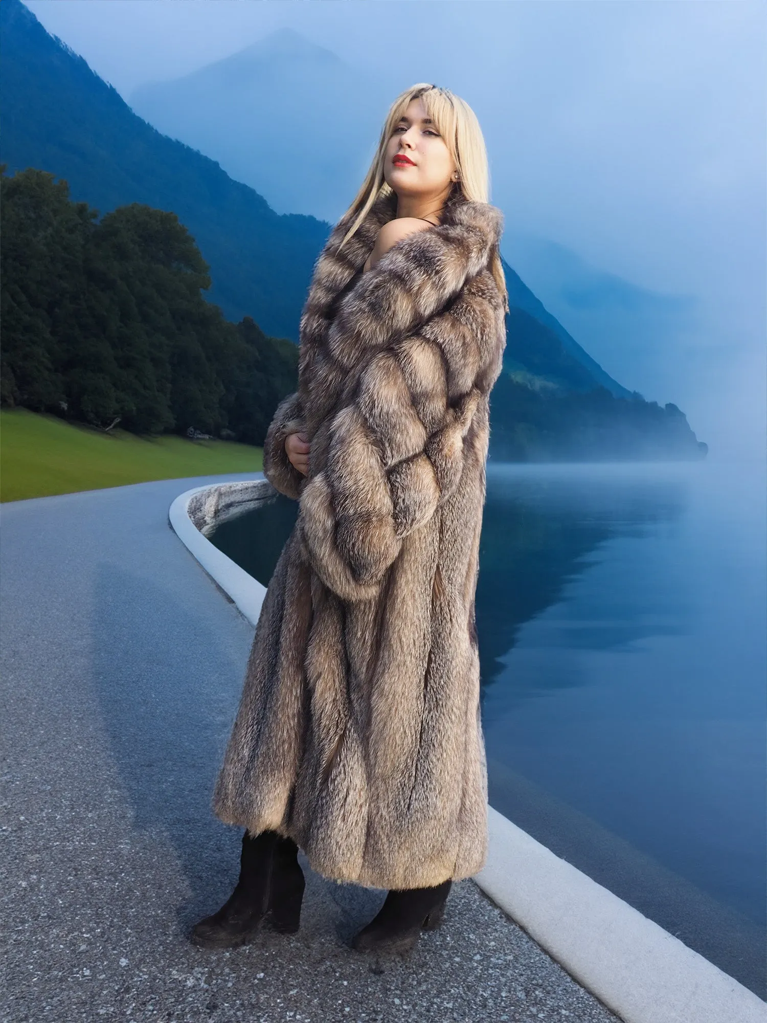 Crystal Fox Fur Coat Shawl collar 50 Long M