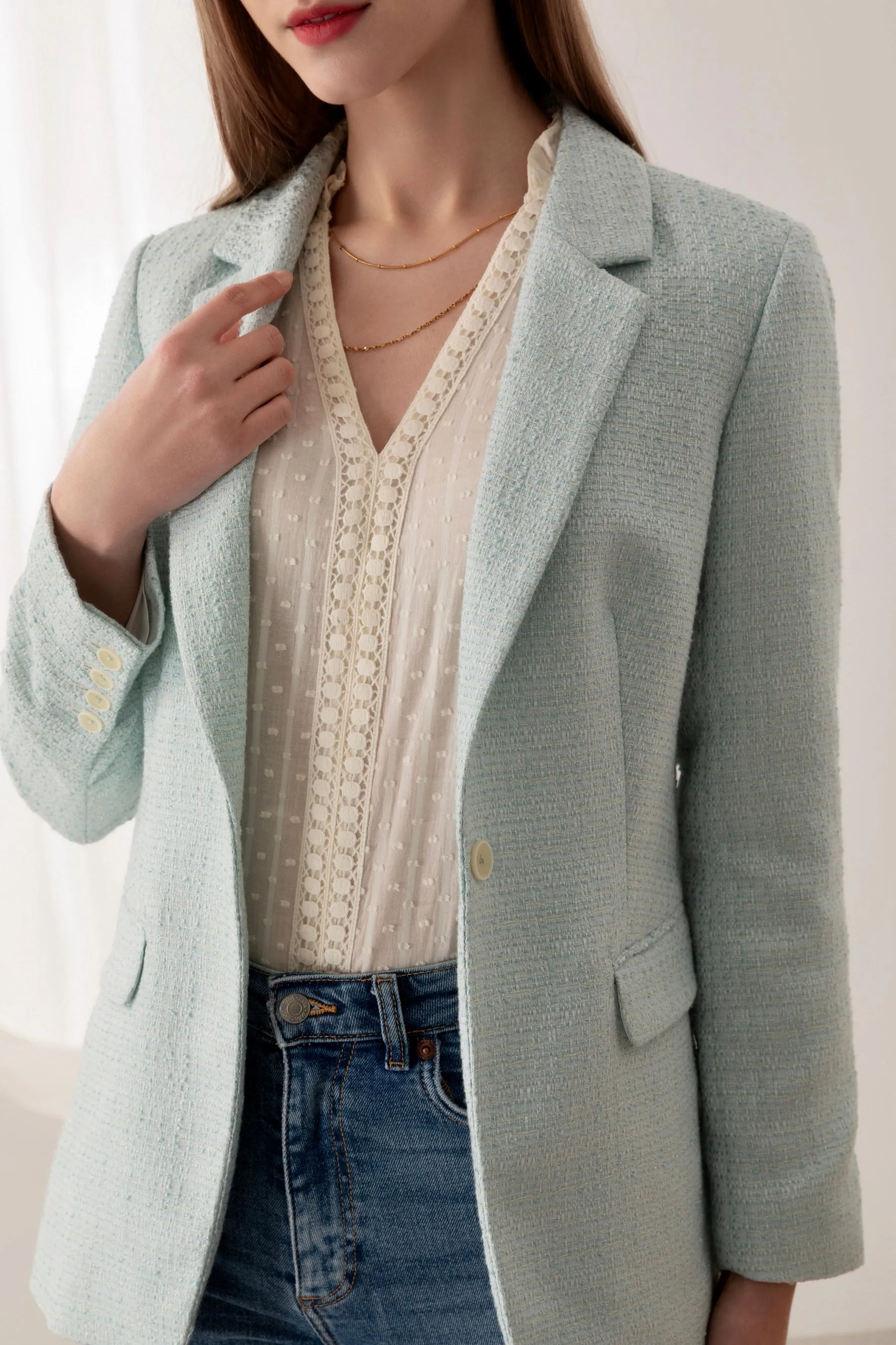 Diana Double-Breasted Tweed Blazer - Baby Blue