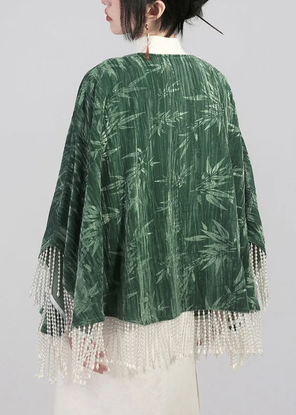 Elegant Green Tasseled Chinese Button Cotton Cape Coats Spring QA1019