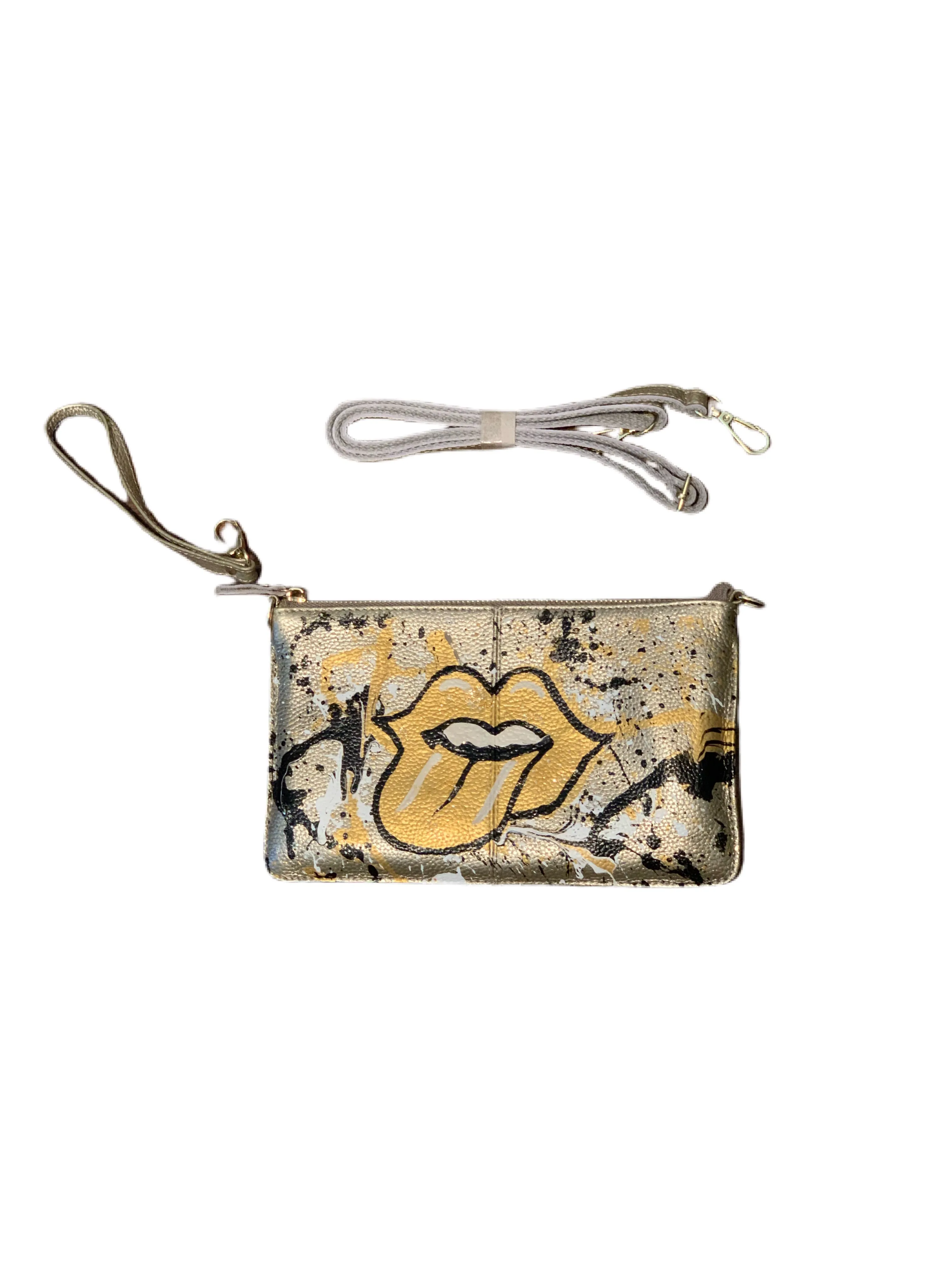 Handpainted Gold Lips Wristlet/Crossbody