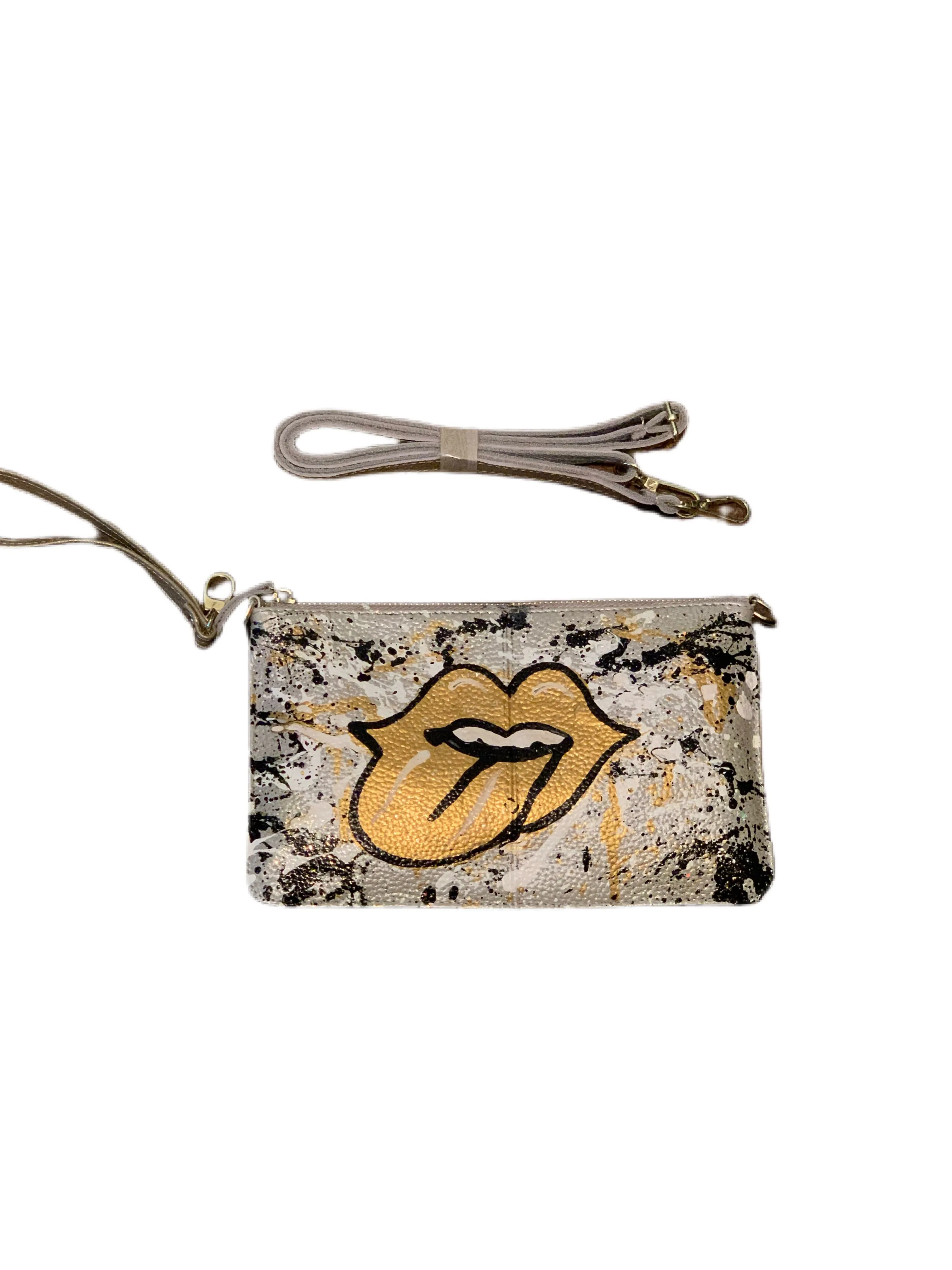 Handpainted Gold Lips Wristlet/Crossbody