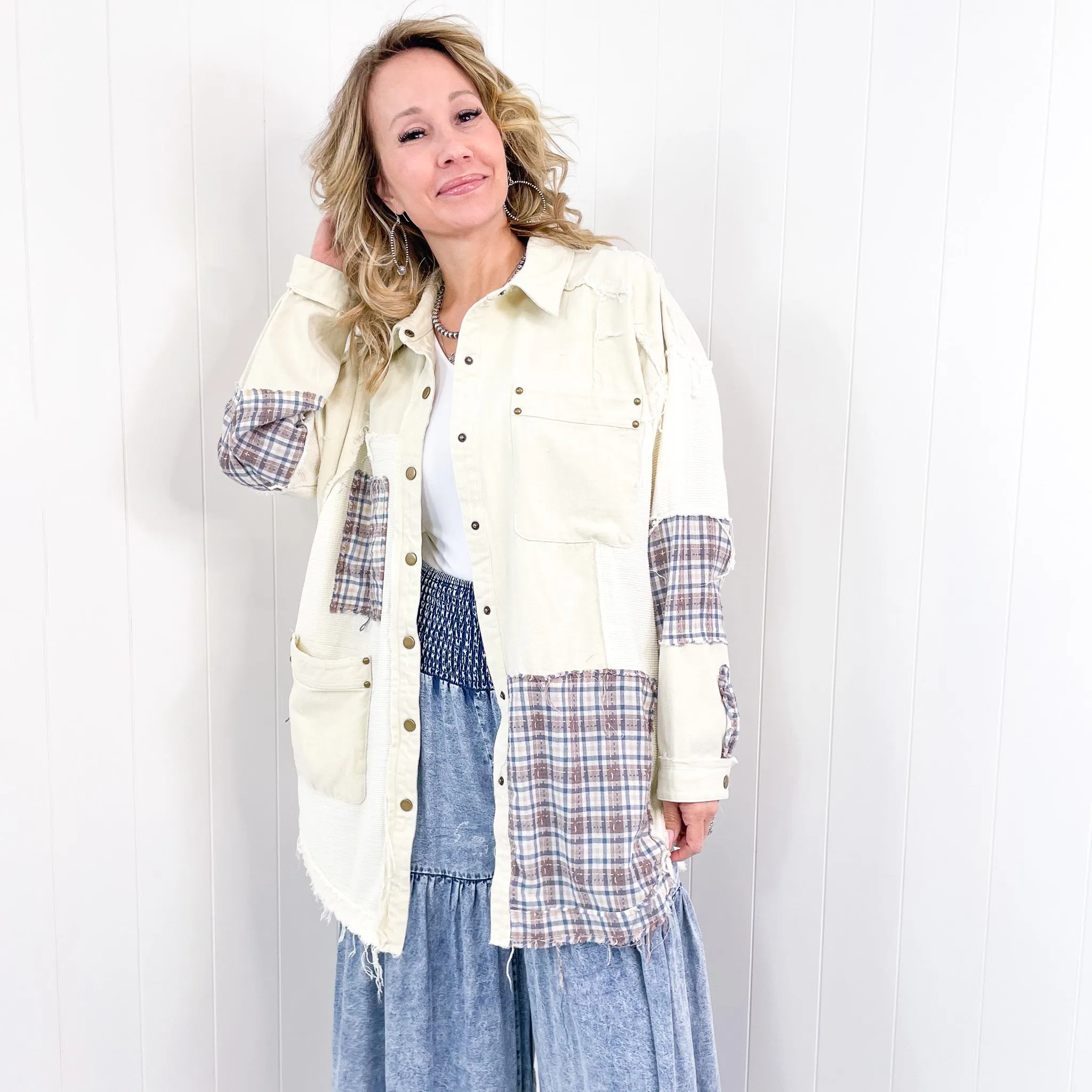 Hiding in Dallas Blue Plaid and Cream Snap Button Longline Top