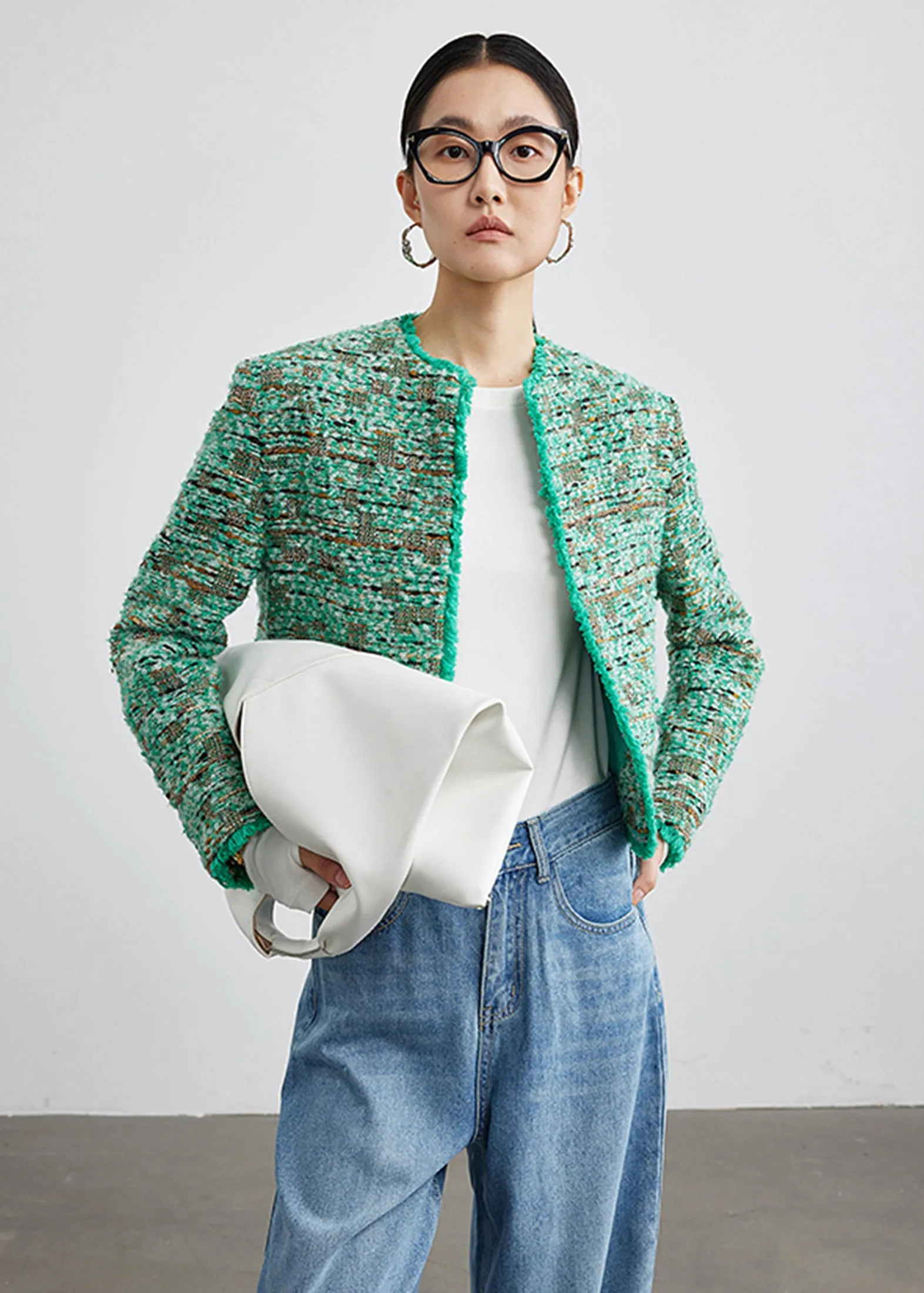 Joan Green Wool Blend Collarless Tweed Jacket