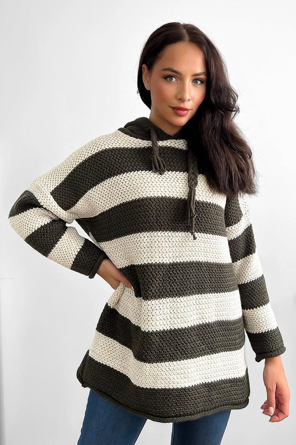 Large Stripes Pattern Hooded Pullover