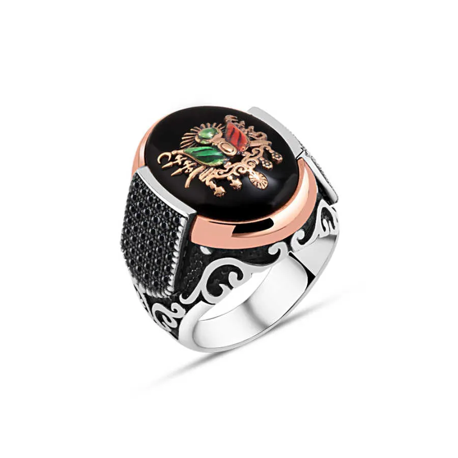 Ottoman Coat of Arms on Black Ellipse Onyx Stone Silver Men's Ring Siding Zircons in Epaulet Shape