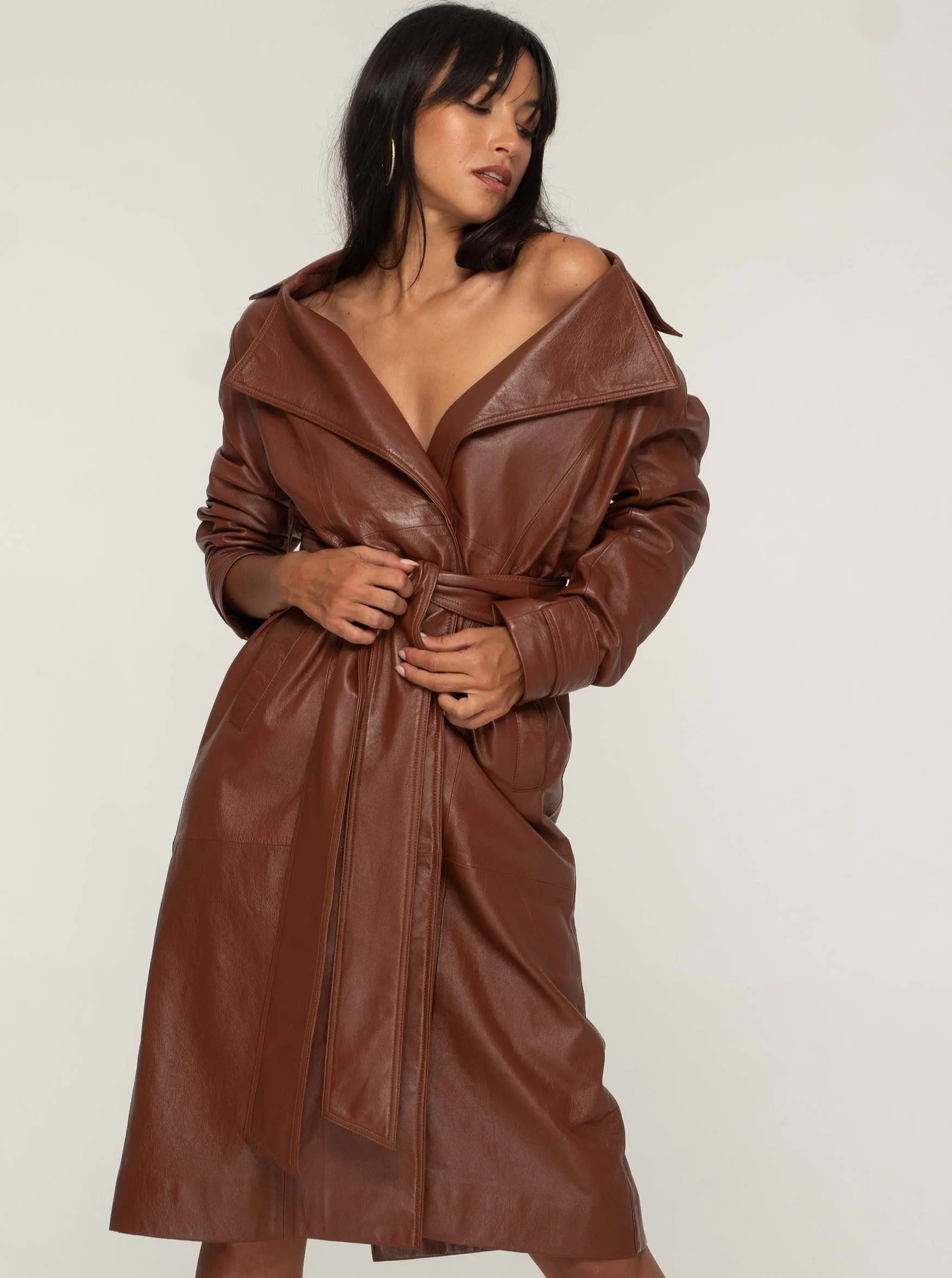 PORTIA LEATHER TRENCH COAT - WHISKEY