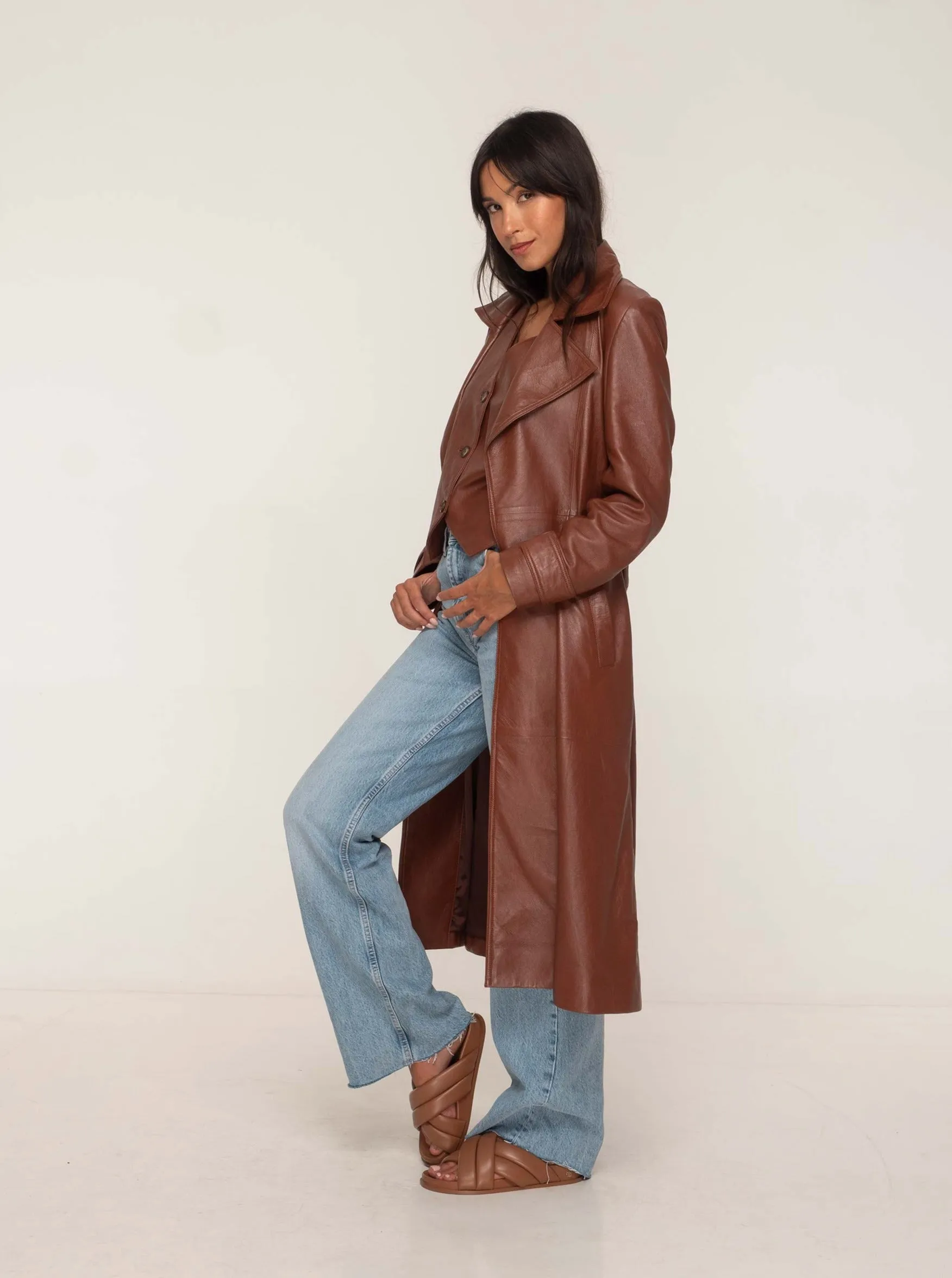 PORTIA LEATHER TRENCH COAT - WHISKEY