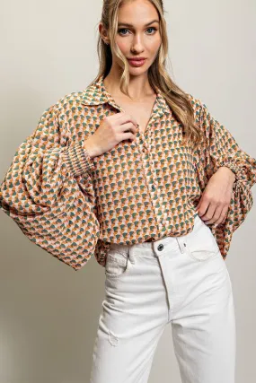 Print Button Down Blouse Top'