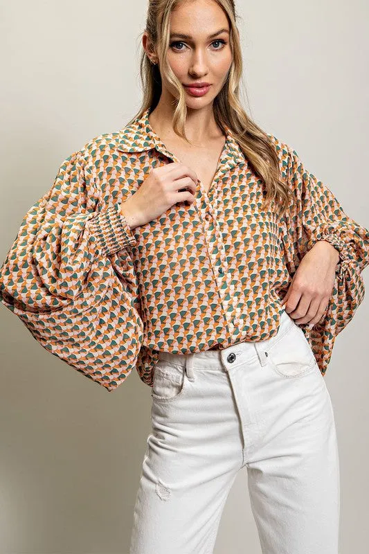 Print Button Down Blouse Top'