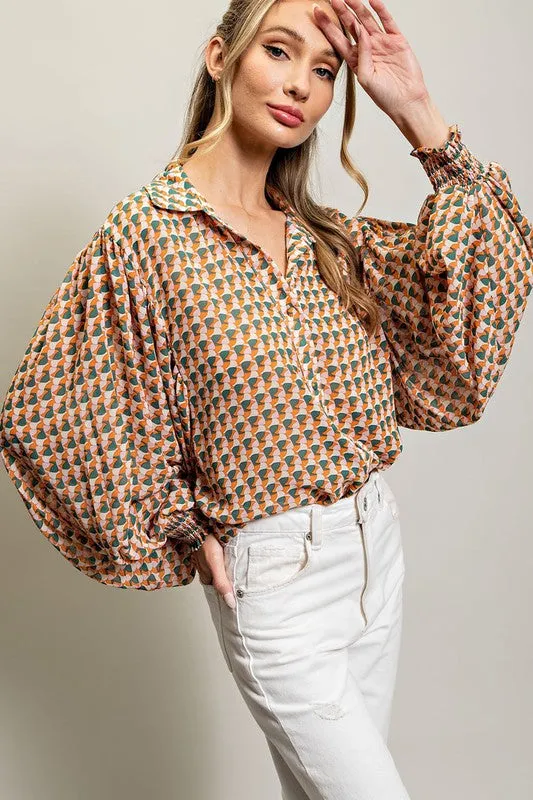 Print Button Down Blouse Top'