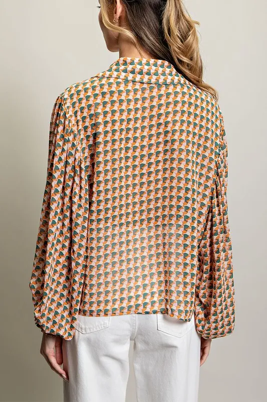 Print Button Down Blouse Top'