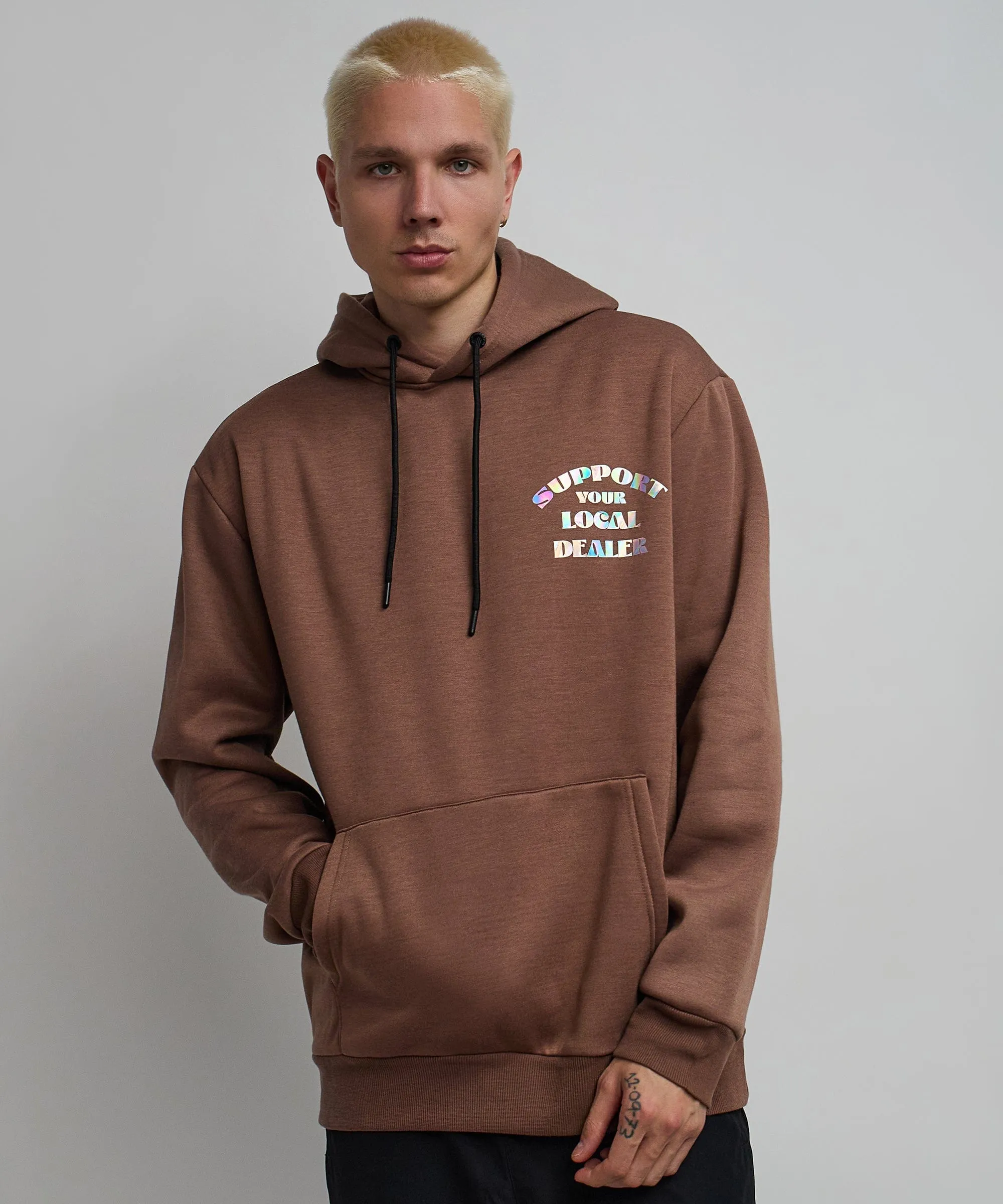 Support Local Iridescent Foil Print Hoodie - Brown