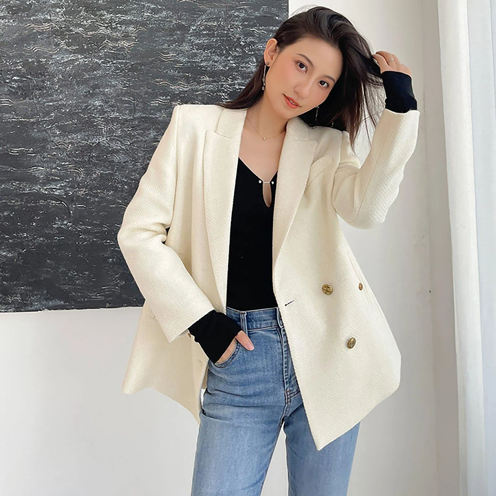 White Thicken Wool Blazer Coat,Double Breasted Wool Coat,Black Wool Suit Coat