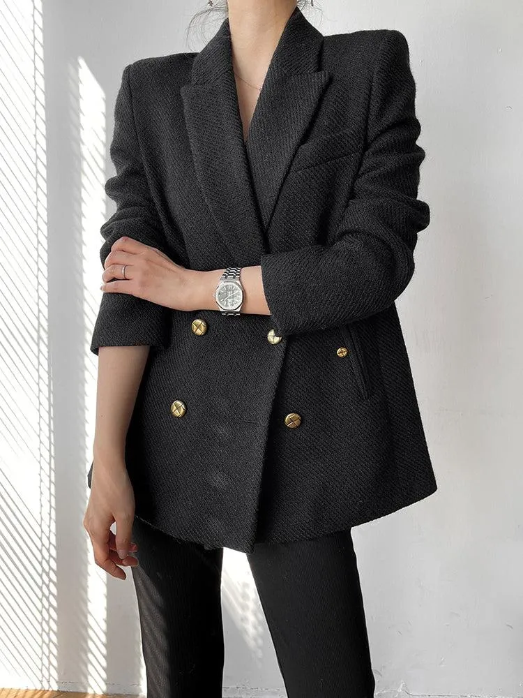 White Thicken Wool Blazer Coat,Double Breasted Wool Coat,Black Wool Suit Coat