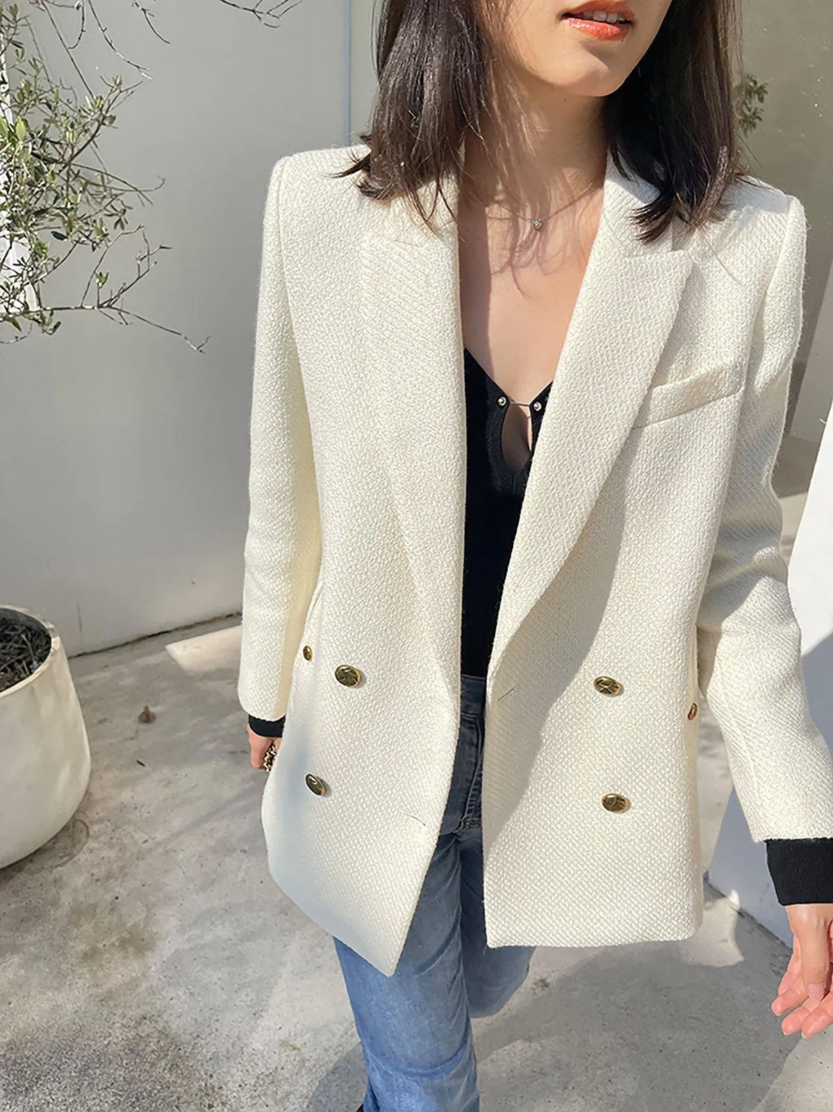 White Thicken Wool Blazer Coat,Double Breasted Wool Coat,Black Wool Suit Coat