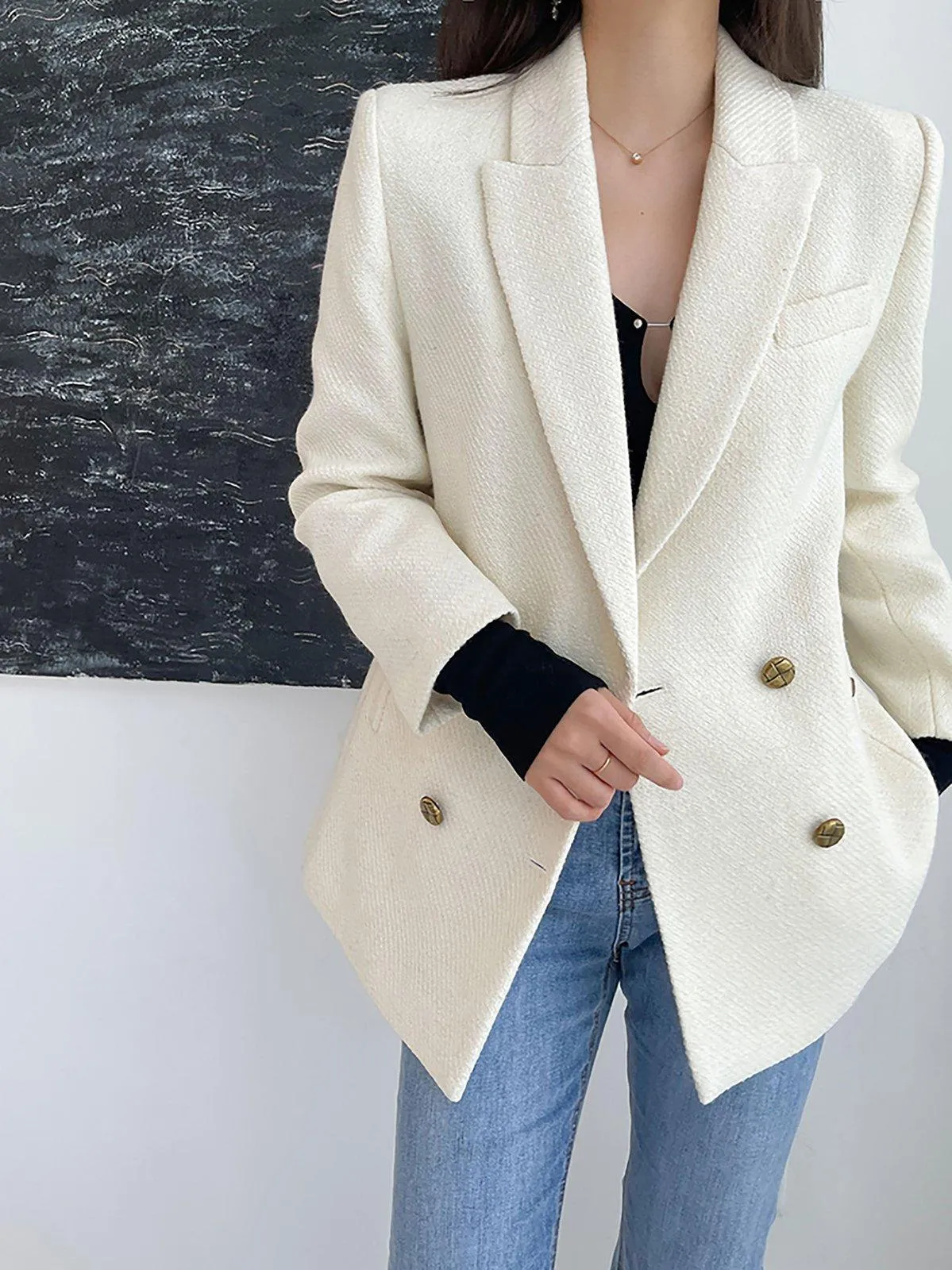 White Thicken Wool Blazer Coat,Double Breasted Wool Coat,Black Wool Suit Coat