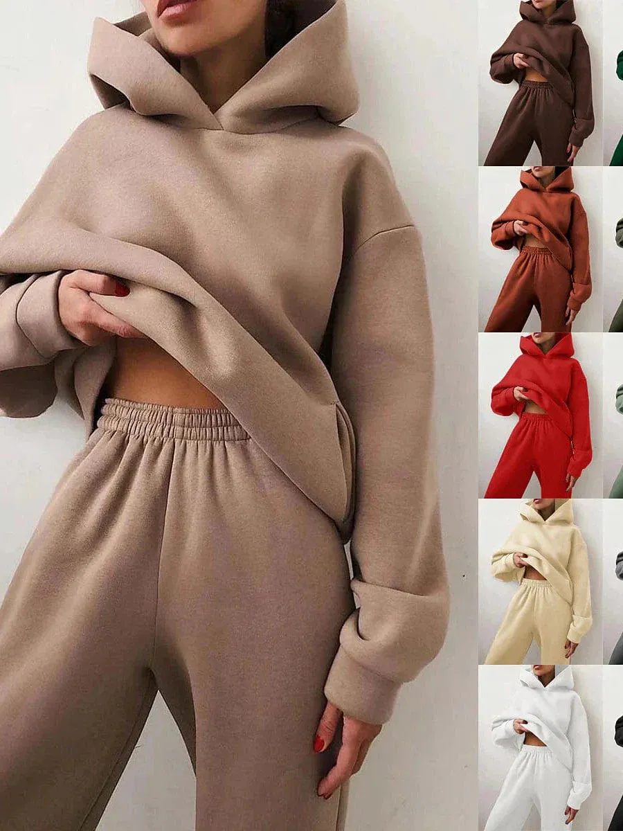 Women's Camel Almond Light Brown 2-Piece Winter Tracksuit Sweatsuit for Fitness and Running