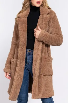 Women's Long sleeve notched collar patch pocket sherpa coat