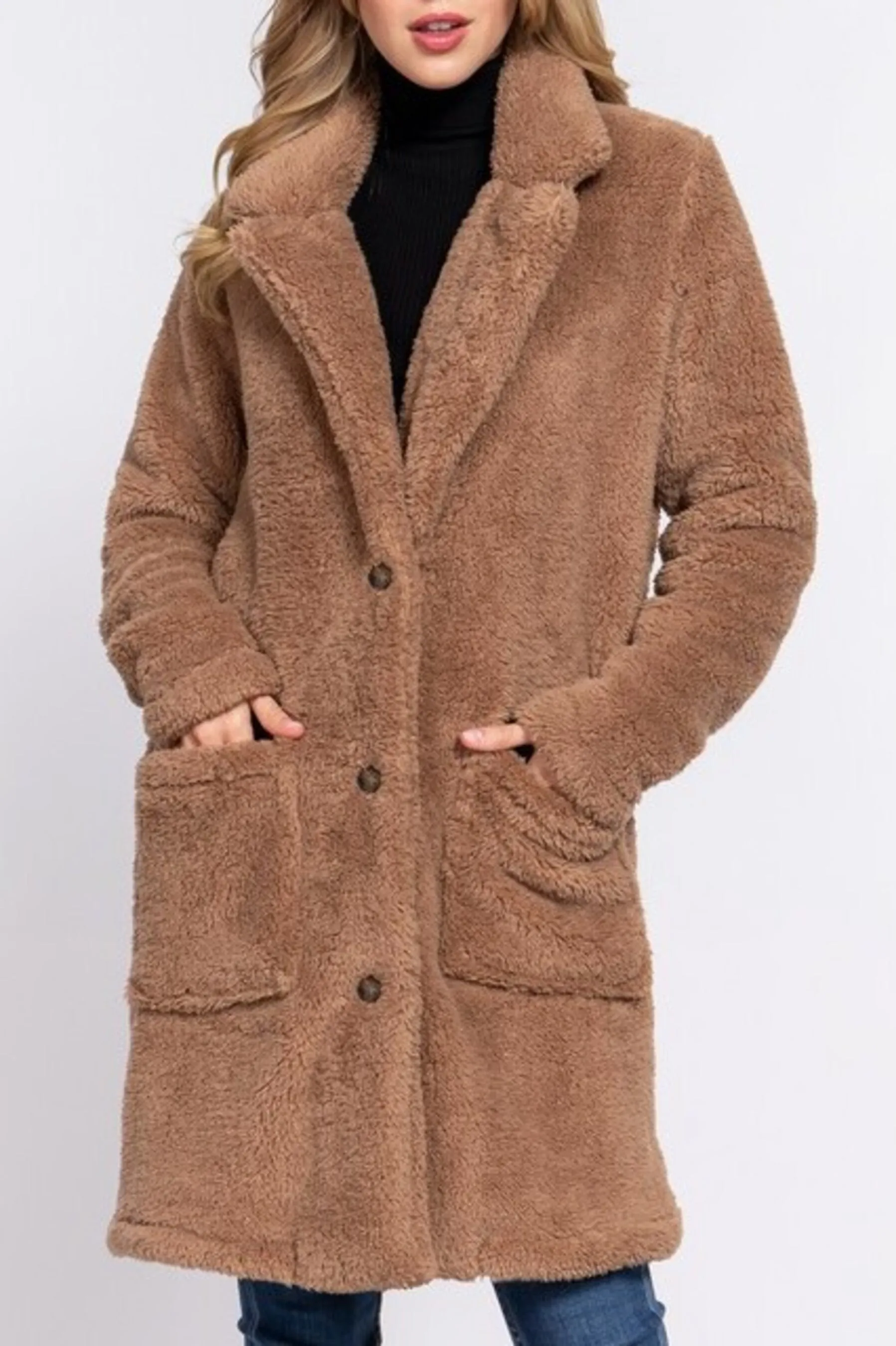 Women's Long sleeve notched collar patch pocket sherpa coat