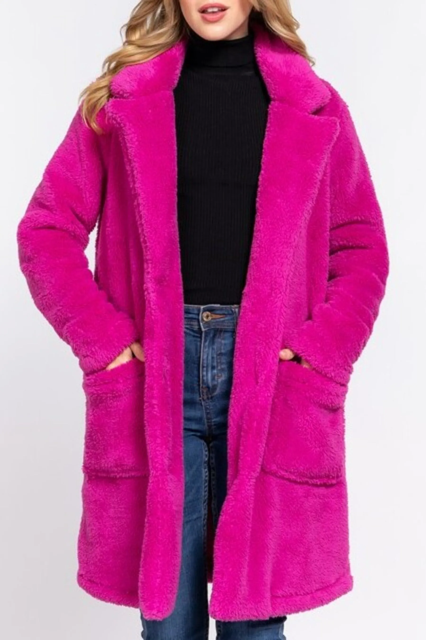 Women's Long sleeve notched collar patch pocket sherpa coat