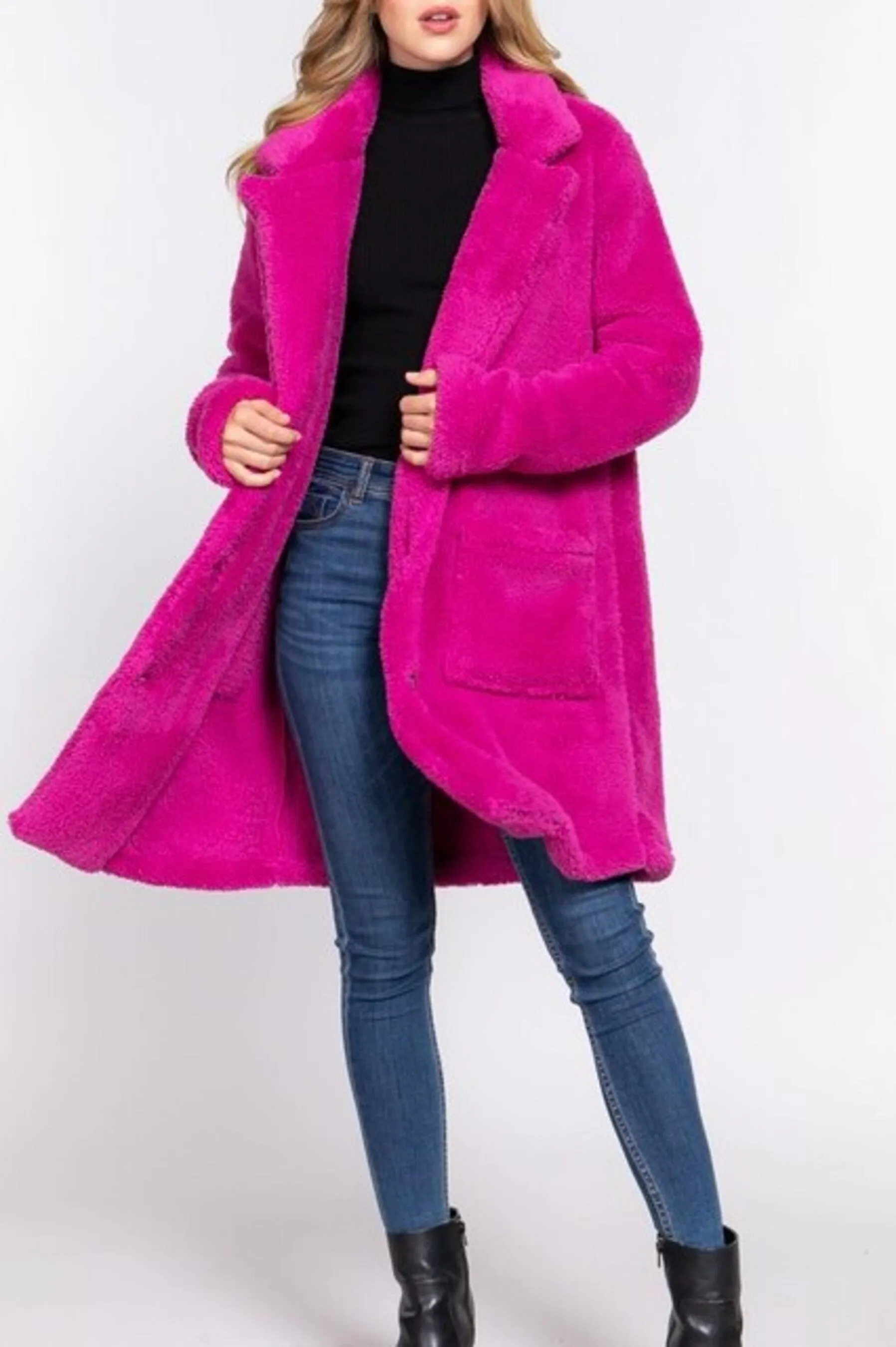 Women's Long sleeve notched collar patch pocket sherpa coat