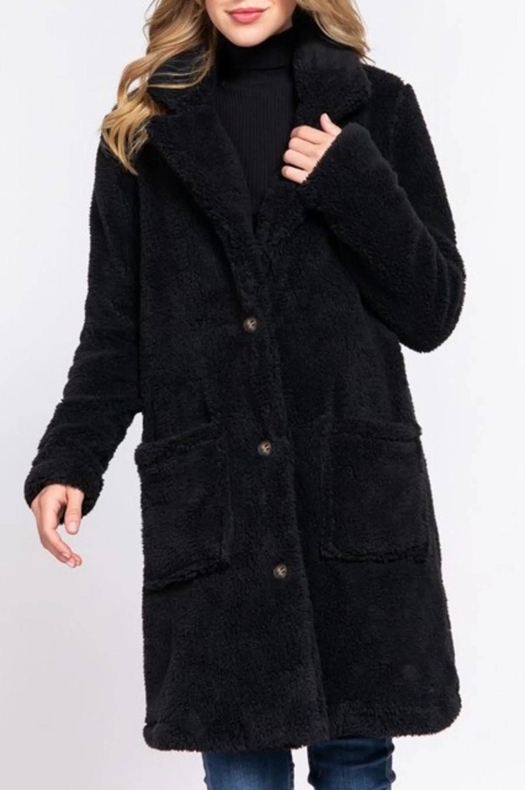 Women's Long sleeve notched collar patch pocket sherpa coat