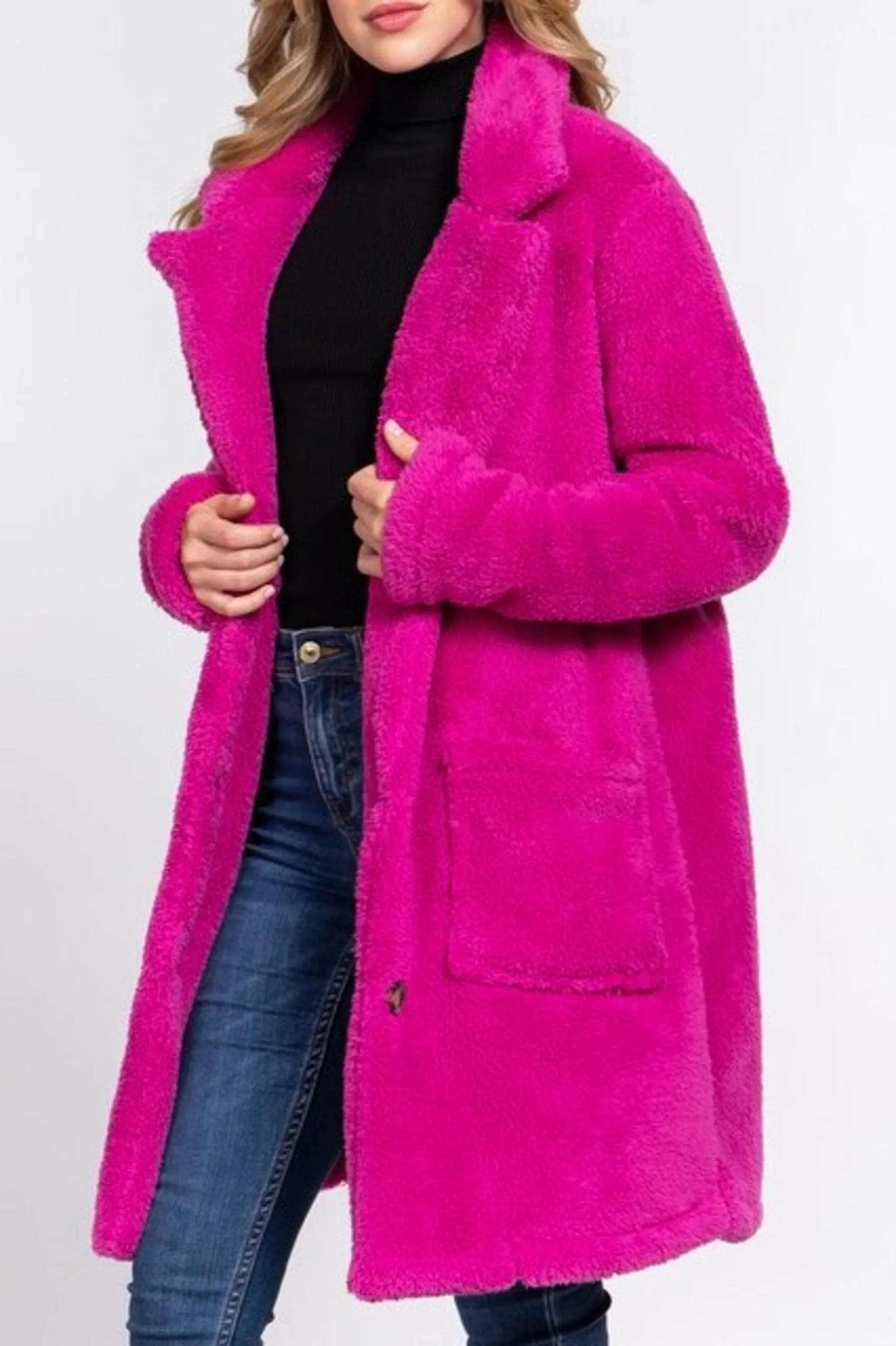 Women's Long sleeve notched collar patch pocket sherpa coat