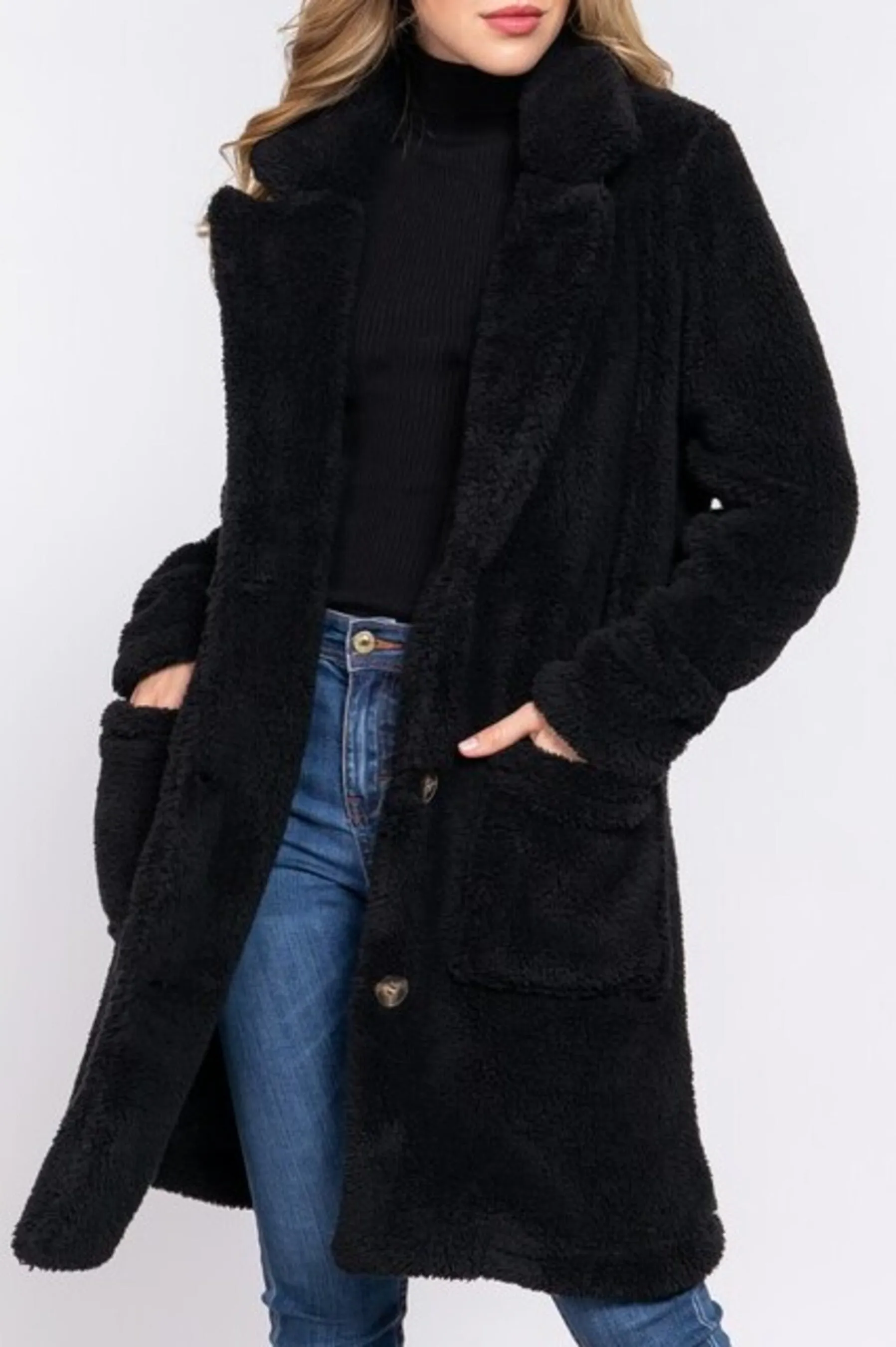 Women's Long sleeve notched collar patch pocket sherpa coat