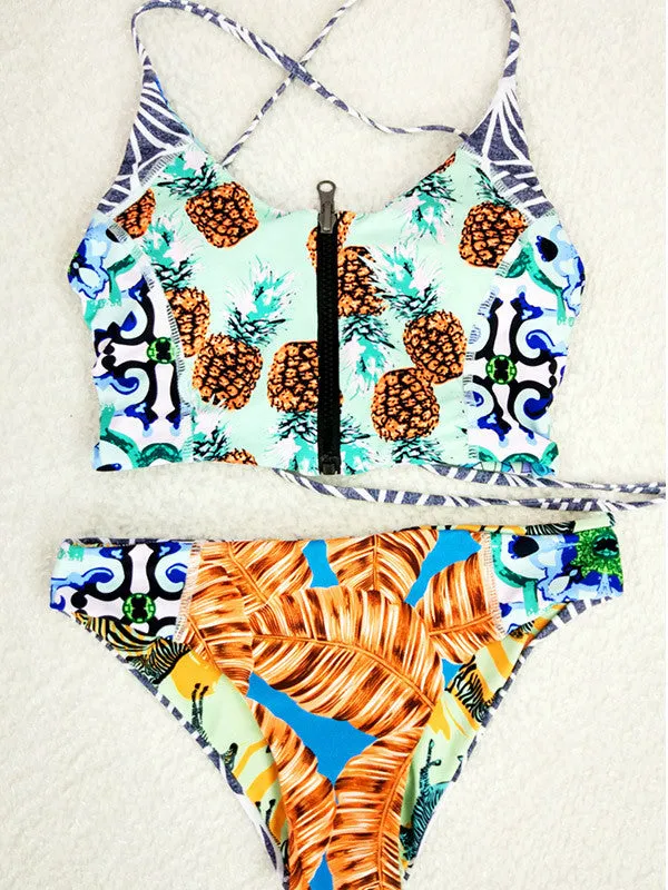 Zipper Front Pineapple Printing Bikini Sets